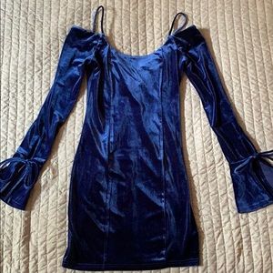 Off the shoulder, blue velvet dress